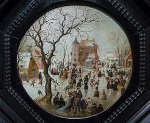 Winterszene mit Schlittschuhläufern nahe einer Burg, ca. 1608-09